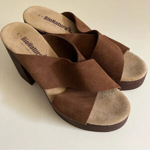 BIO NATURA Retro Chunky 70s Platform Leather Slip On Sandals Heels